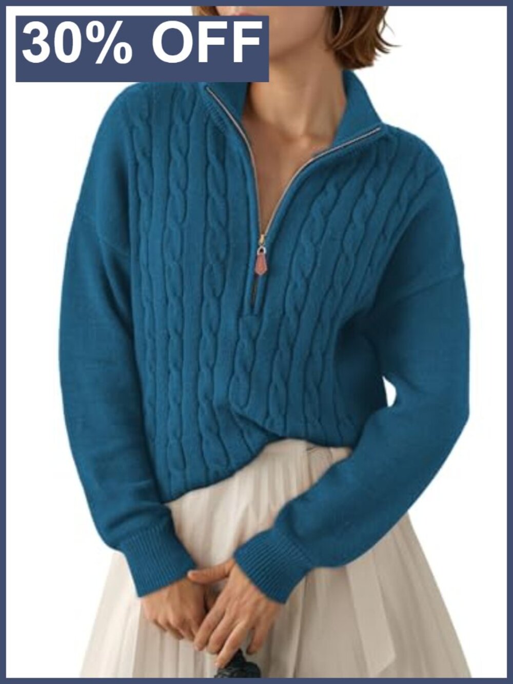 Women's Quarter Zip Ribbed Cable Knit Sweater Pullover V-Neck Long Sleeve